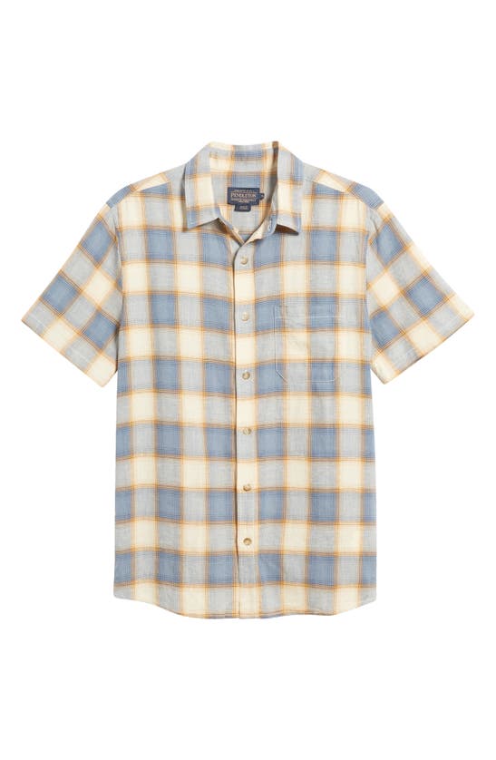 Shop Pendleton Dawson Plaid Short Sleeve Linen Blend Button-up Shirt In Tan/ Indigo Plaid