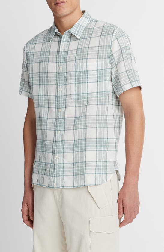 Shop Vince Kino Plaid Linen Blend Short Sleeve Button-up In Mirage Teal/ Optic White