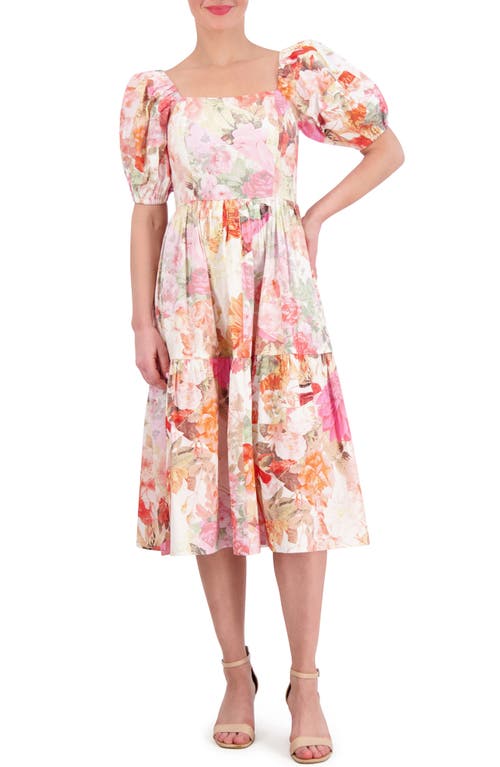 Floral Square Neck Puff Sleeve Cotton Midi Dress in Pink