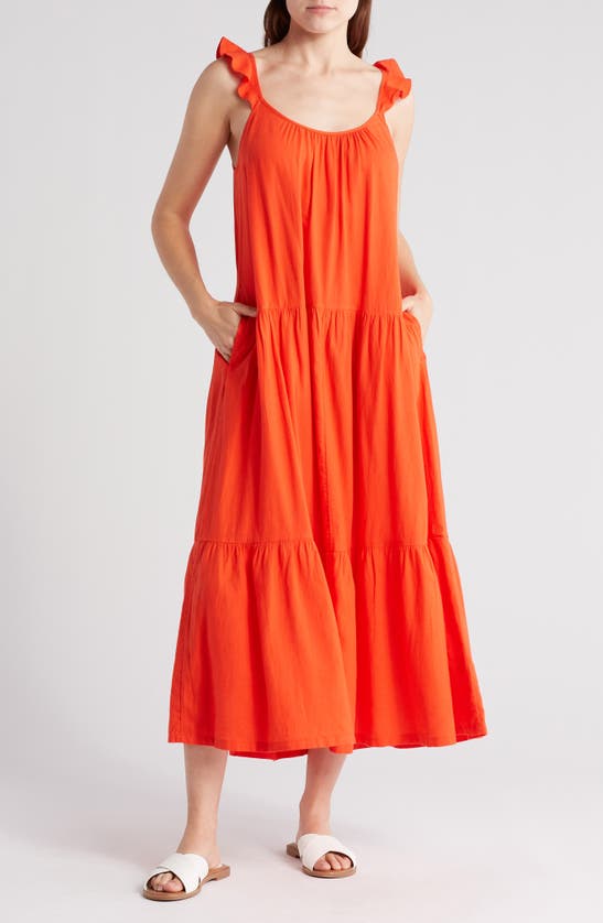 Shop Caslon Flutter Sleeve Tiered Linen Blend Midi Dress In Red Grenadine