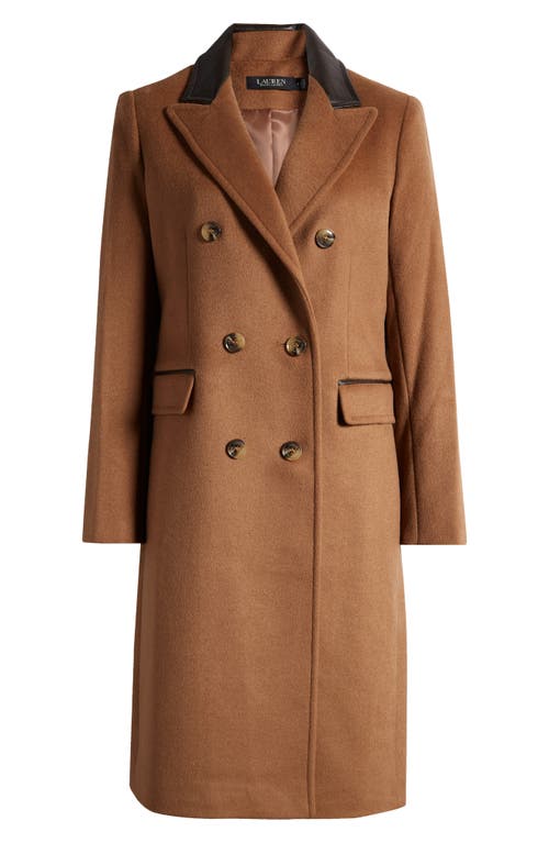 Shop Lauren Ralph Lauren Faux Leather Trim Double Breasted Wool Blend Reefer Coat In New Vicuna