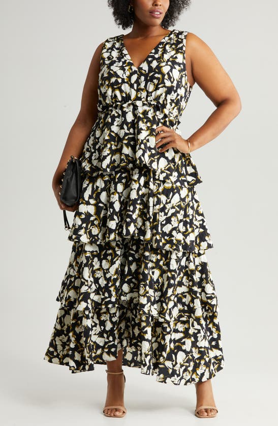 Shop Chelsea28 Floral Print Sleeveless Tiered Ruffle Maxi Dress In Black- Ivory Shadowed Tropic