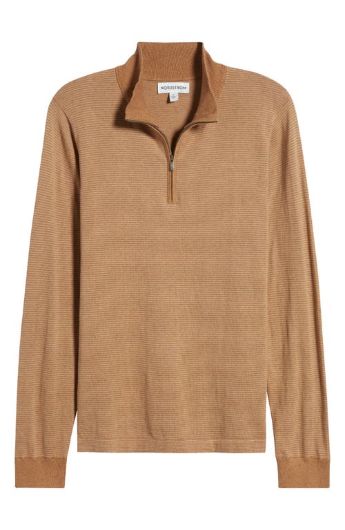 Shop Nordstrom Quarter Zip Long Sleeve Cotton & Silk T-shirt In Brown Bear- Oatmeal Stripe