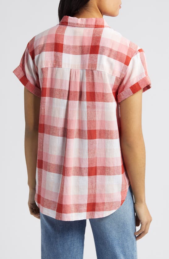 Shop Caslon (r) Linen Blend Camp Shirt In Rust- White Multi Check