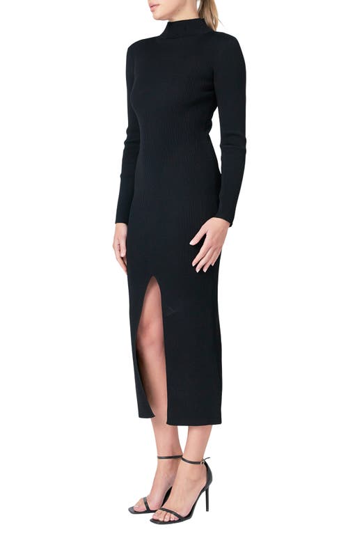 Endless Rose Mock Neck Long Sleeve Rib Midi Dress In Black
