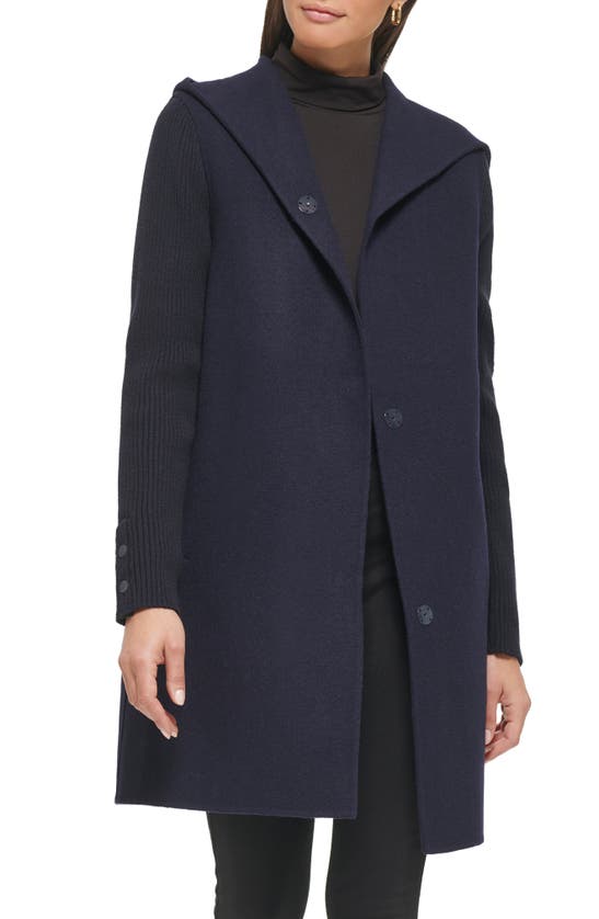 Shop Kenneth Cole New York Double Face Wool Blend Hooded Coat In Navy