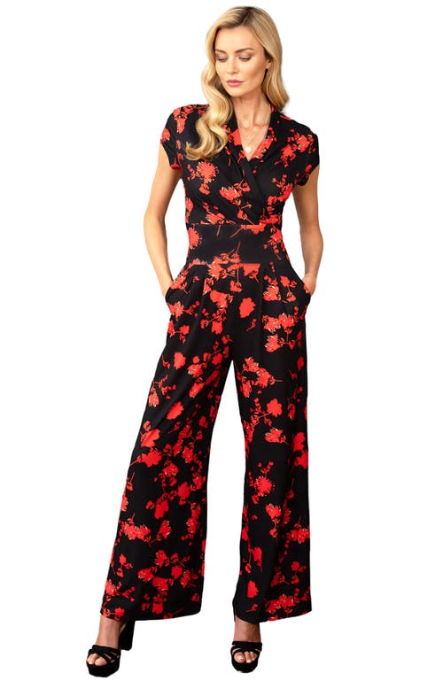 Hotsquash London Clothing Faux-wrap Wide Leg Jumpsuit In Red Flowers On Black