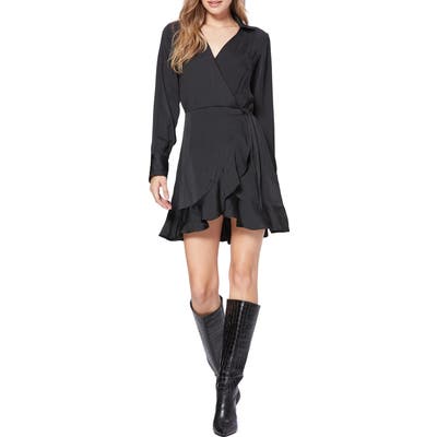 Paige Parisa Wrap Front Long Sleeve Satin Minidress, Black