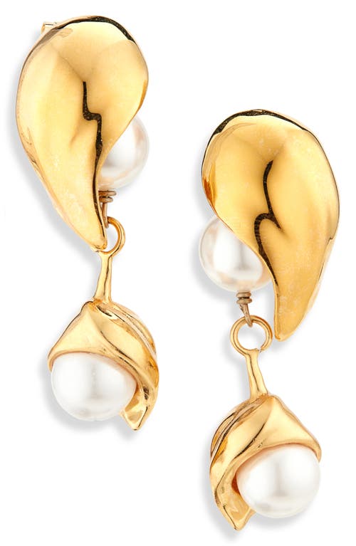 Oscar De La Renta Imitation Pearl Abstract Leaf Drop Earrings In Gold