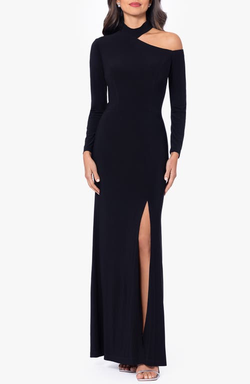 Xscape Evenings Long Sleeve Shoulder Cutout Gown In Black/nude