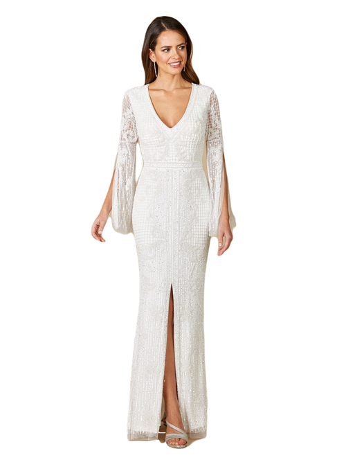 Lara New York Fallon Long Sleeve Beaded Wedding Gown In Ivory