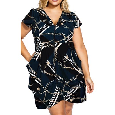 Plus Size City Chic Chained Up Zip Front Tunic Dress, Black