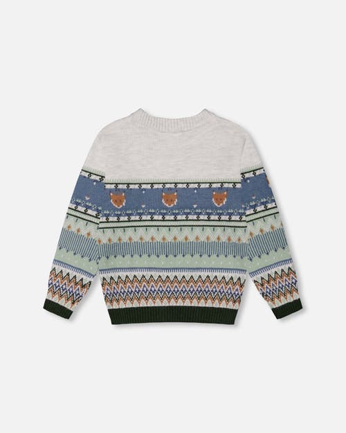 Shop Deux Par Deux Little Boy's Jacquard Sweater With Fox Beige, Blue And Green In Oatmeal