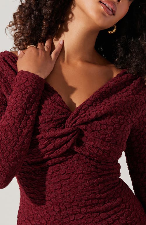 Shop Astr The Label Textured Knot Front Off The Shoulder Long Sleeve Dress In Wine