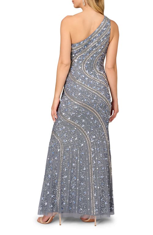 Shop Aidan Mattox By Adrianna Papell Sequin & Bead Detail One-shoulder Gown In Dusty Blue