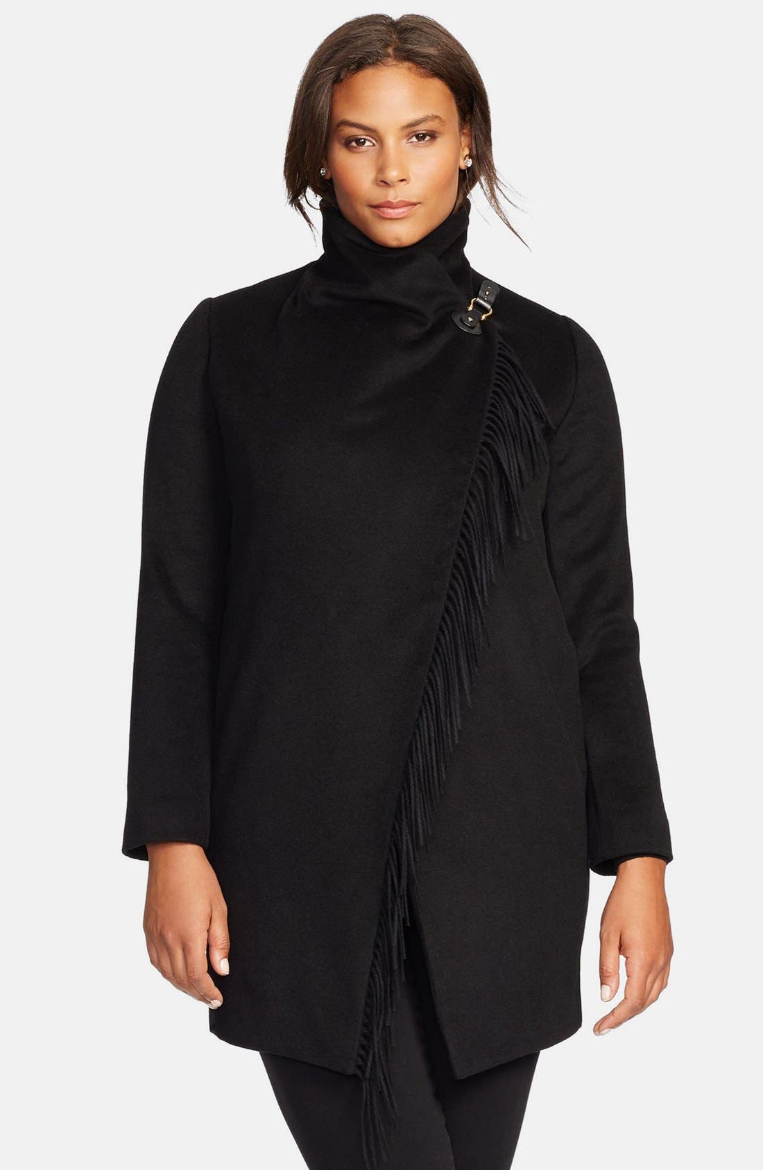 Lauren Ralph Lauren Fringe Trim Asymmetrical Wrap Coat (Plus Size