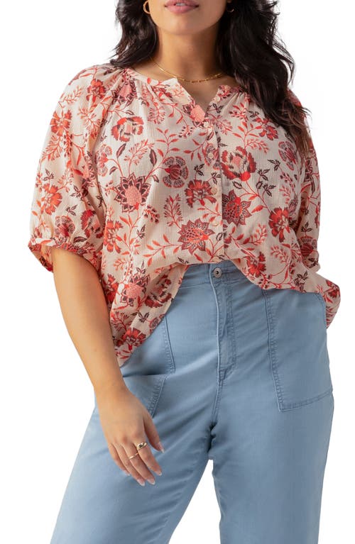 Sanctuary Floral Puff Sleeve Cotton Button-up Top In Pacific Light