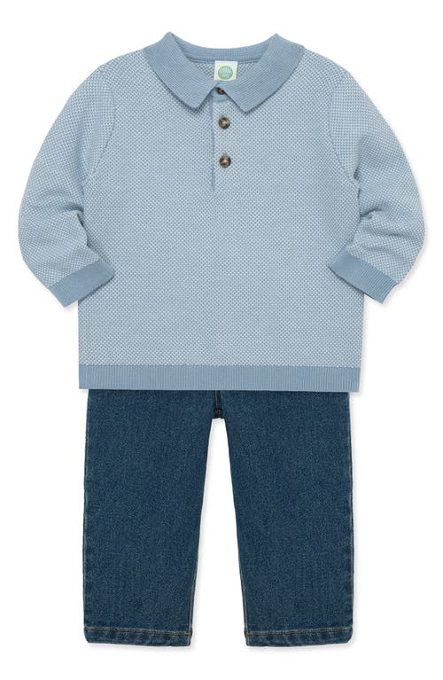 Little Me Jacquard Polo & Denim Jeans Set In Blue