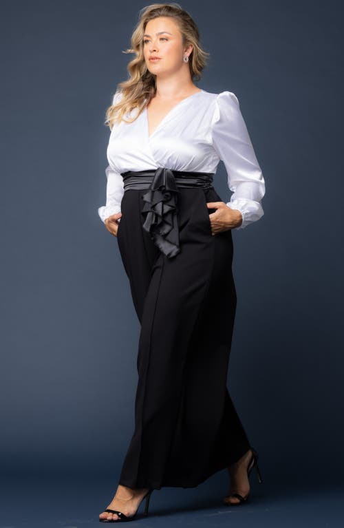 Shop Kiyonna Refined Puff Shoulder Long Sleeve Wide Leg Jumpsuit In Black Tie Affair