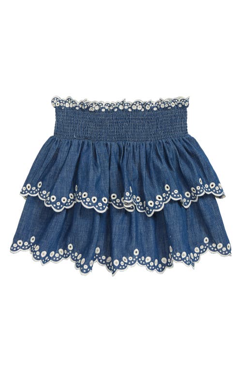 Zimmermann Kids' Tiggy Embroidered Chambray Tiered Skirt in Blue Lagoon