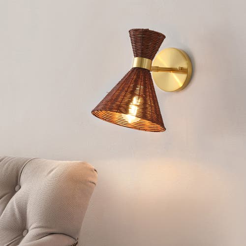 Jonathan Y Zoey 1-light Mid-century Vintage Retro Rattan/metal Led Sconce With Adjustable Shade In Brass Gold/dark Brown