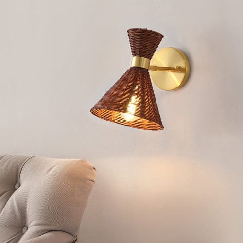 Shop Jonathan Y Zoey 1-light Mid-century Vintage Retro Rattan/metal Led Sconce With Adjustable Shade In Brass Gold/dark Brown