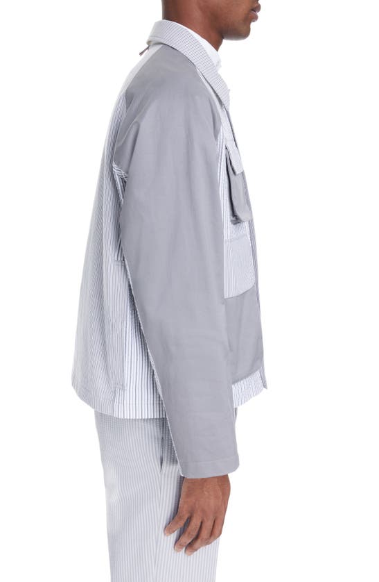Shop Thom Browne Relaxed Stripe Crop Cotton Field Jacket In Silver