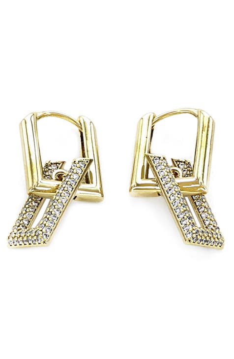 Pavé Crystal Link Drop Square Huggie Hoop Earrings