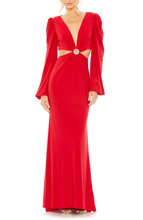 Cutout Long Sleeve Jersey Column Gown in Red