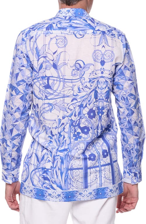 Shop Ranee's Ranees Trim Fit Print Linen & Cotton Blend Button-up Shirt In Blue