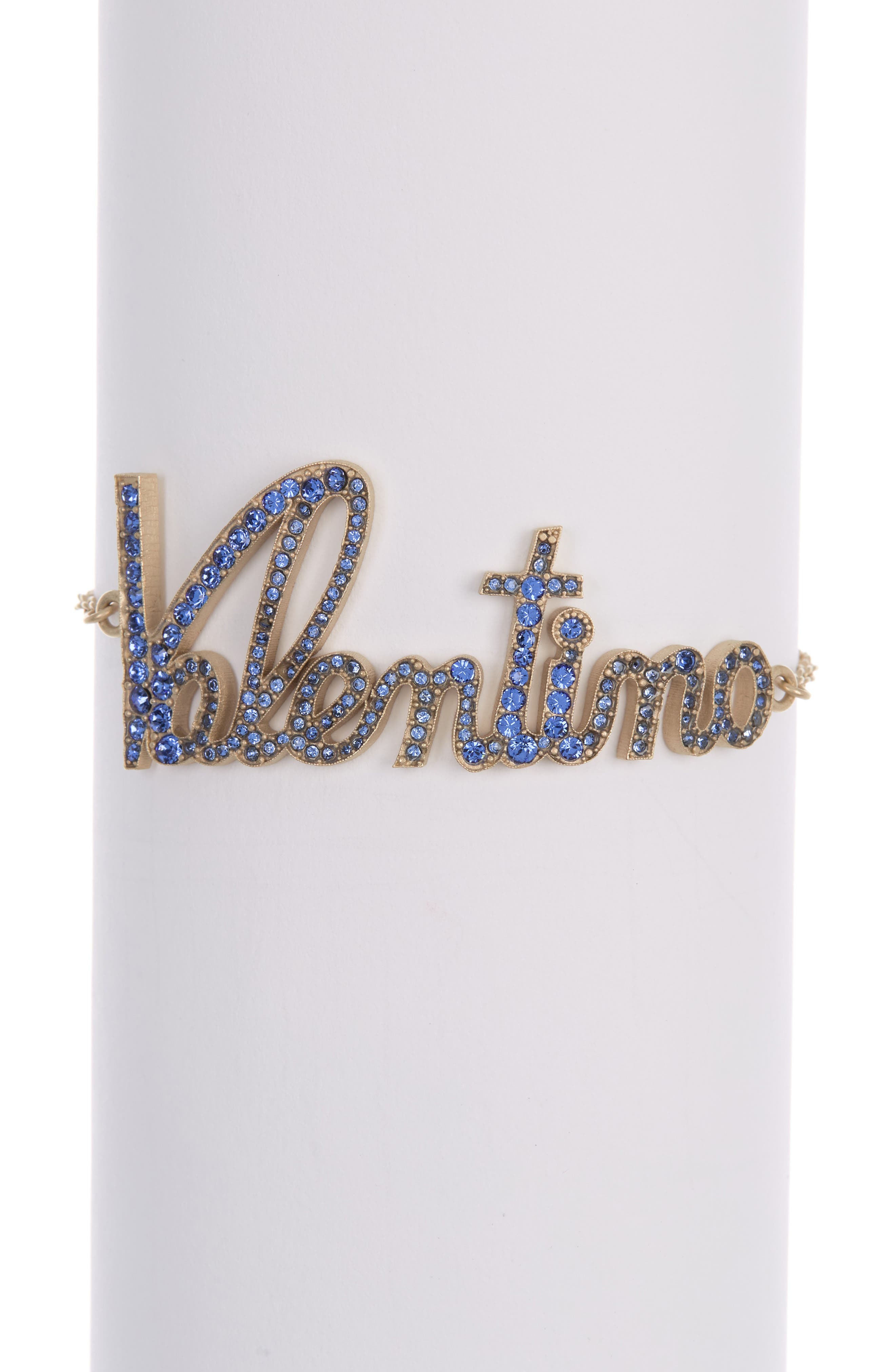 Valentino Garavani Logo Crystal Script Bracelet In Platino Mat/zaffiro