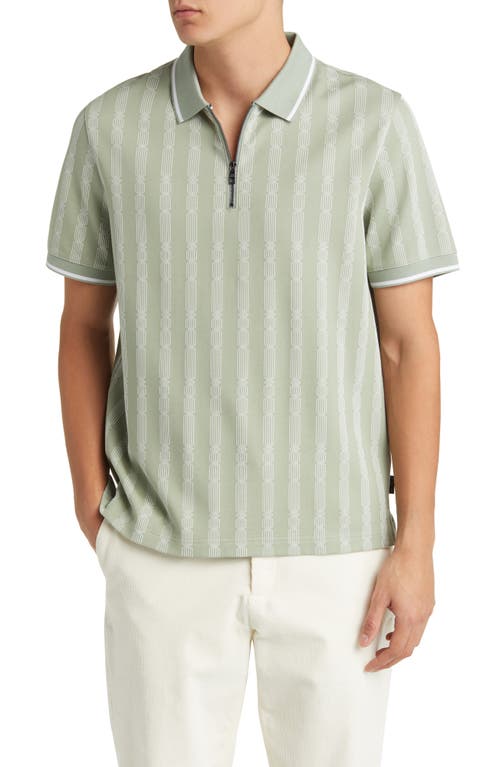 Icken Regular Fit Cable Stripe Jacquard Zip Polo in Pale Green