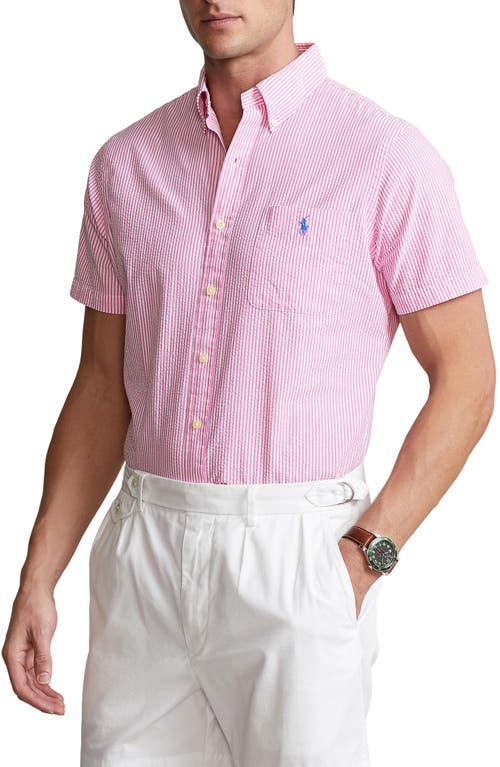 Polo Ralph Lauren Stripe Seersucker Short Sleeve Button-Down Shirt Rose/White at Nordstrom,
