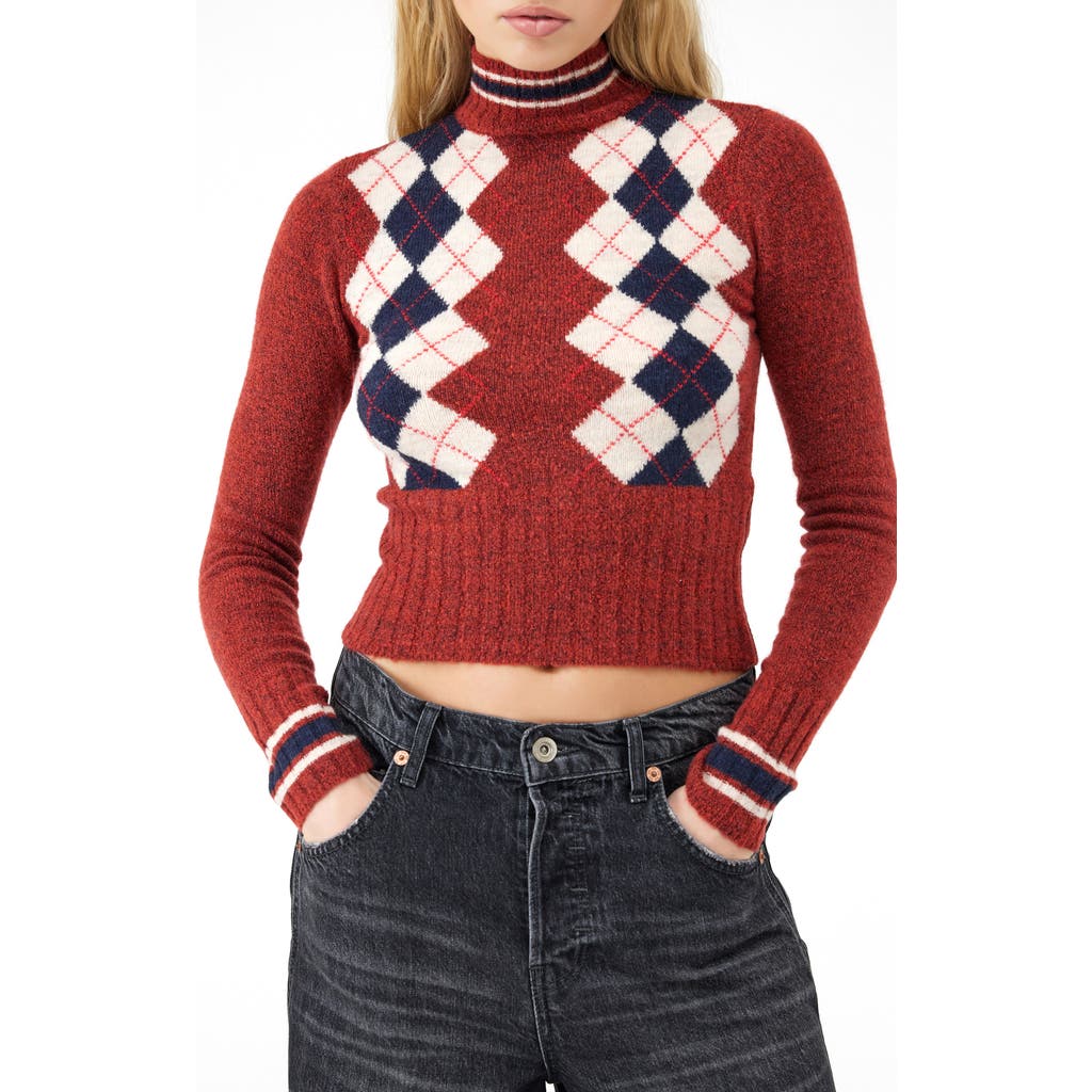 BDG Urban Outfitters Argyle Turtleneck Crop Sweater in Burgundy