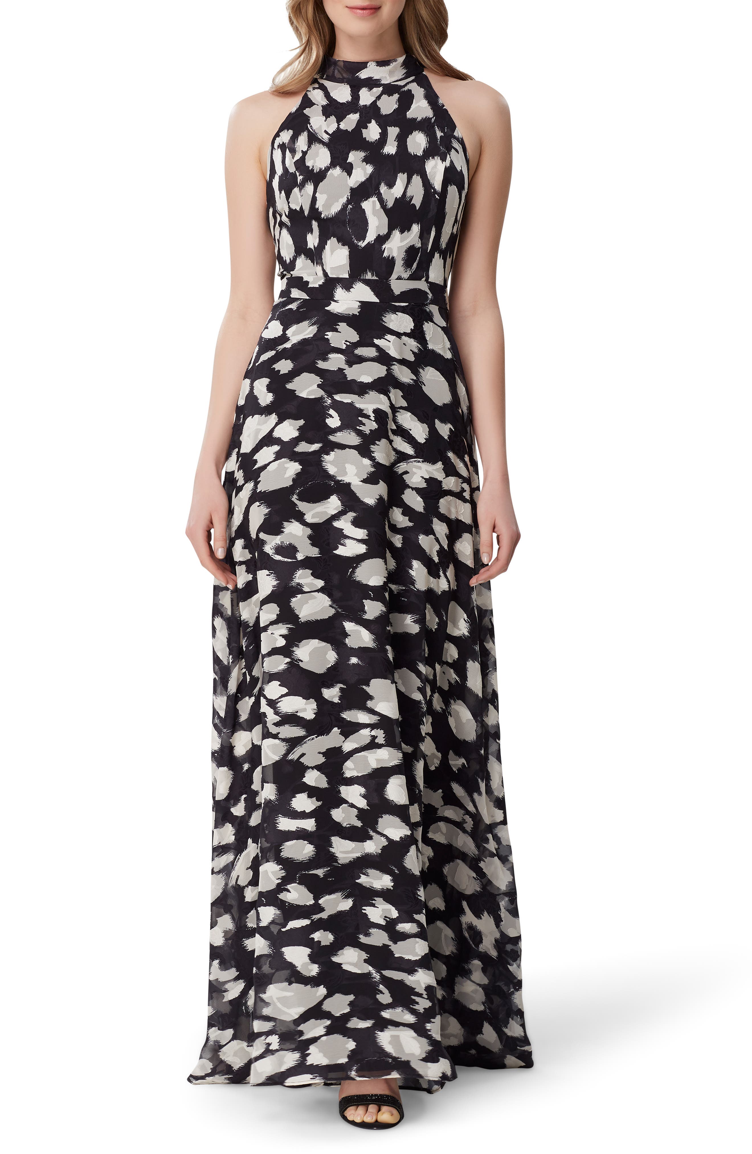 Tahari Animal Print Halter Neck Gown, Black