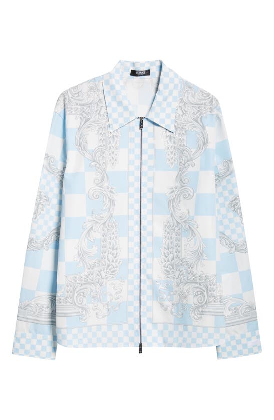 Shop Versace Medusa Check Poplin Zip-up Shirt Jacket In 5x500 Pastel Blue White Silver