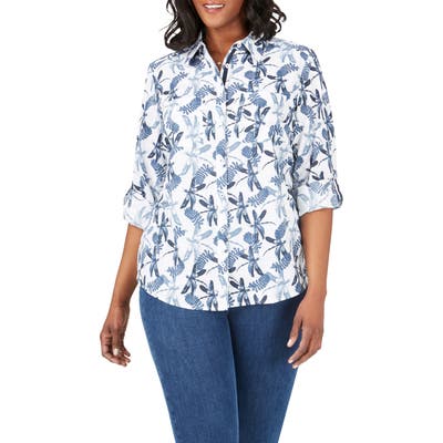 Plus Size Foxcroft Zoey In Dragonflies Button-Up Shirt, Blue