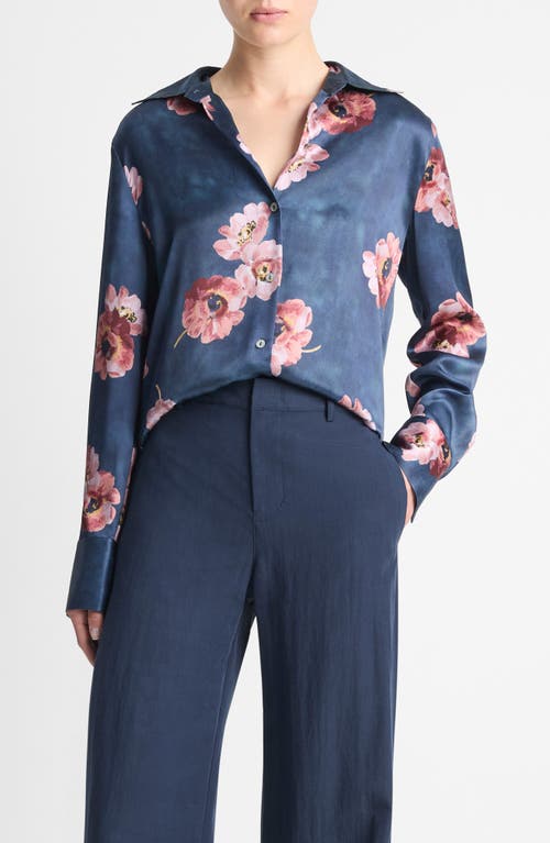 Shop Vince Painted Poppy Silk Button-up Shirt In Marine Night