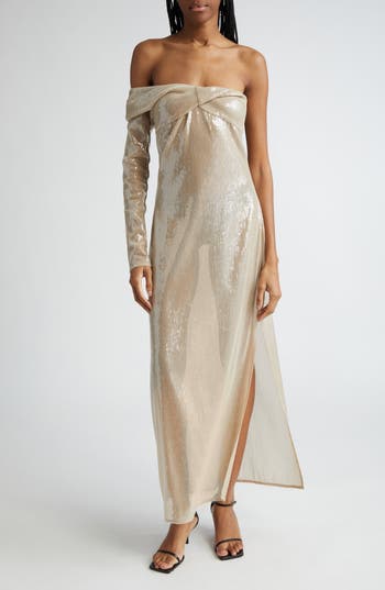 Courrèges Twist Asymetrical Glitter Long Dress In Sand