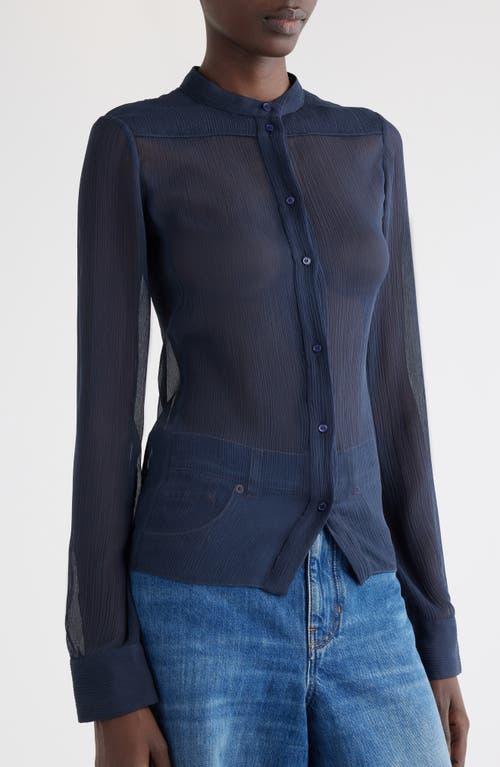 Shop Chloé Sheer Crinkle Silk Button-up Shirt In Graphite Blue