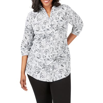 Plus Size Foxcroft Faith Leaf Print Wrinkle Free Tunic Shirt, Black