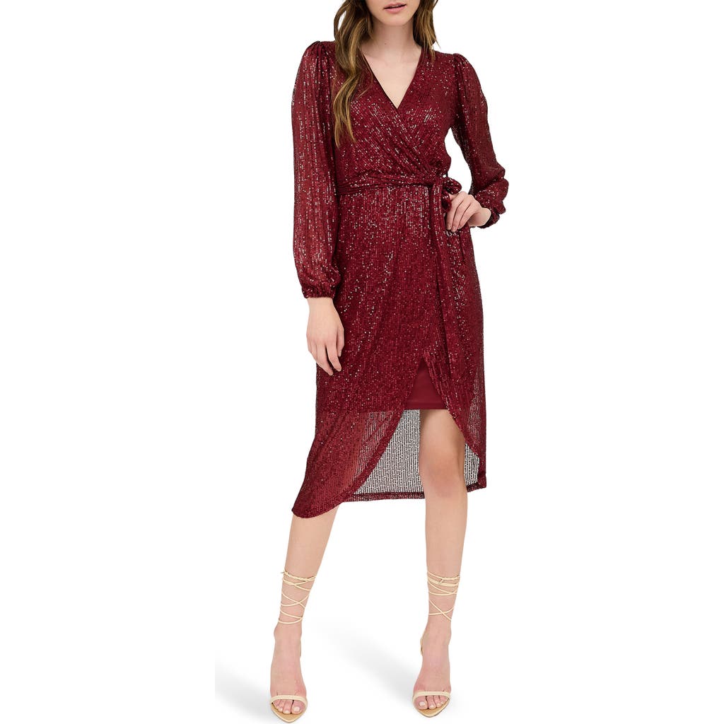 August Sky Sequin Long Sleeve Dress In Burgundy