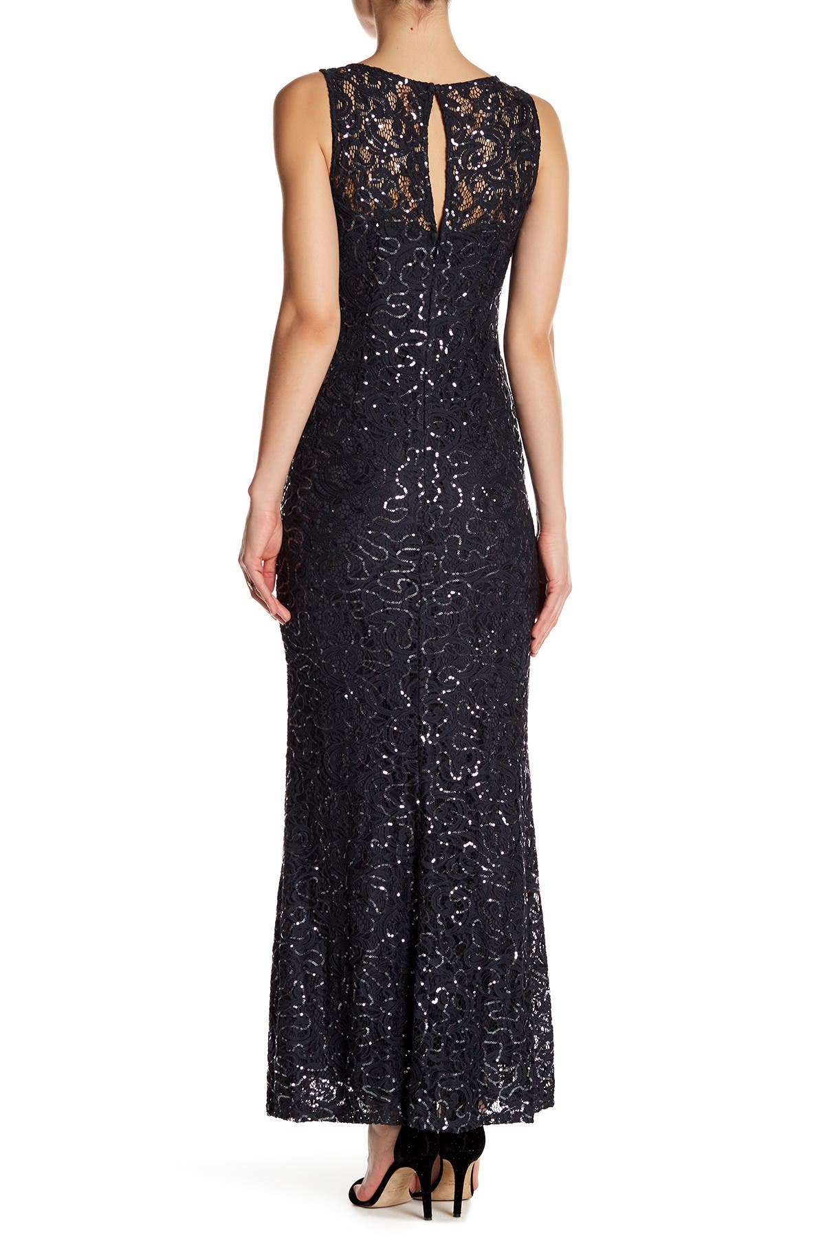 marina sleeveless illusion yoke lace gown