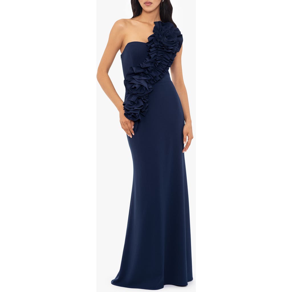 BETSY & ADAM BETSY & ADAM ROSETTE ONE-SHOULDER TRUMPET GOWN