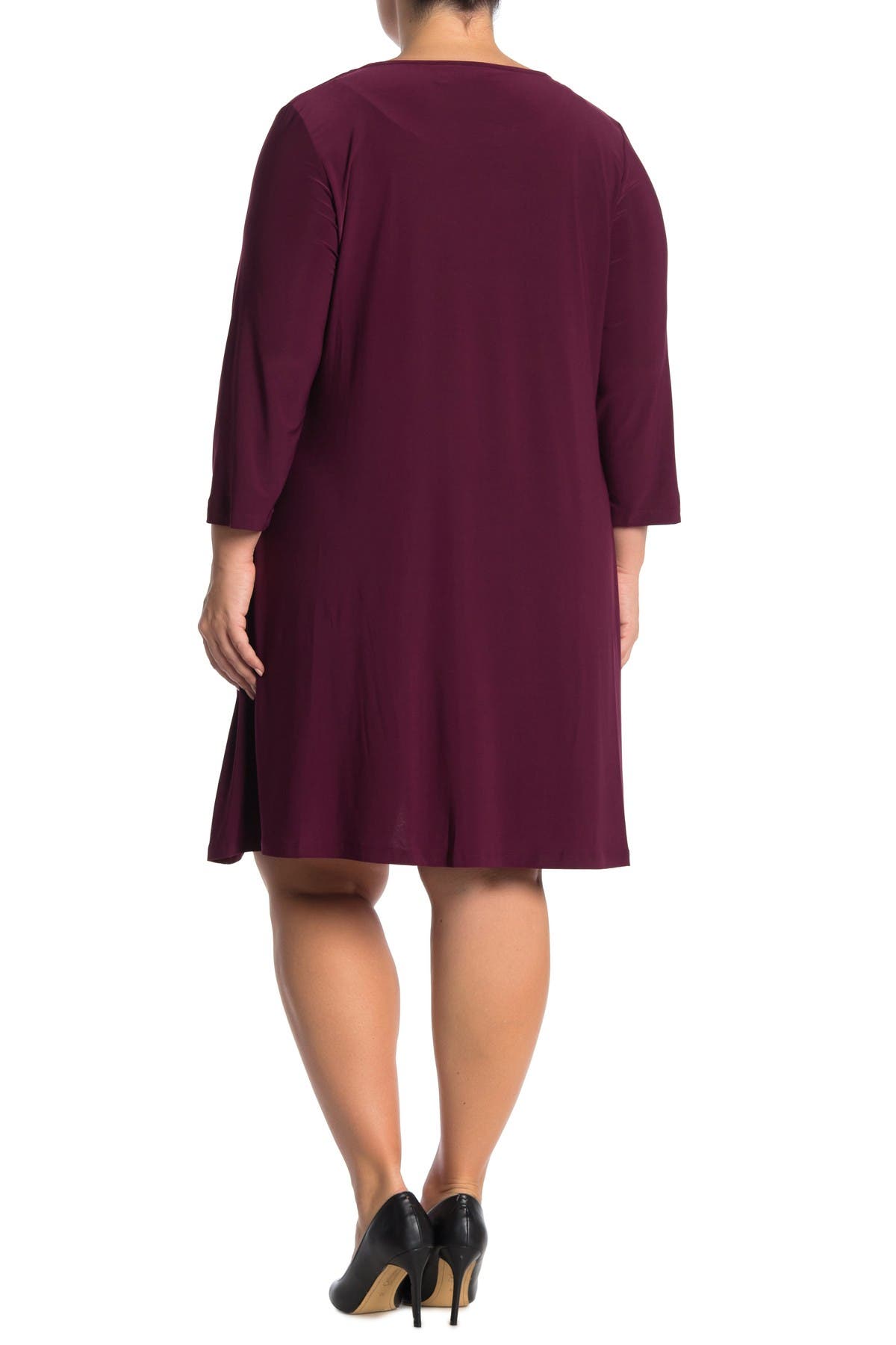 Nina Leonard 3/4 Sleeve Trapeze Dress In Deepwine/gold