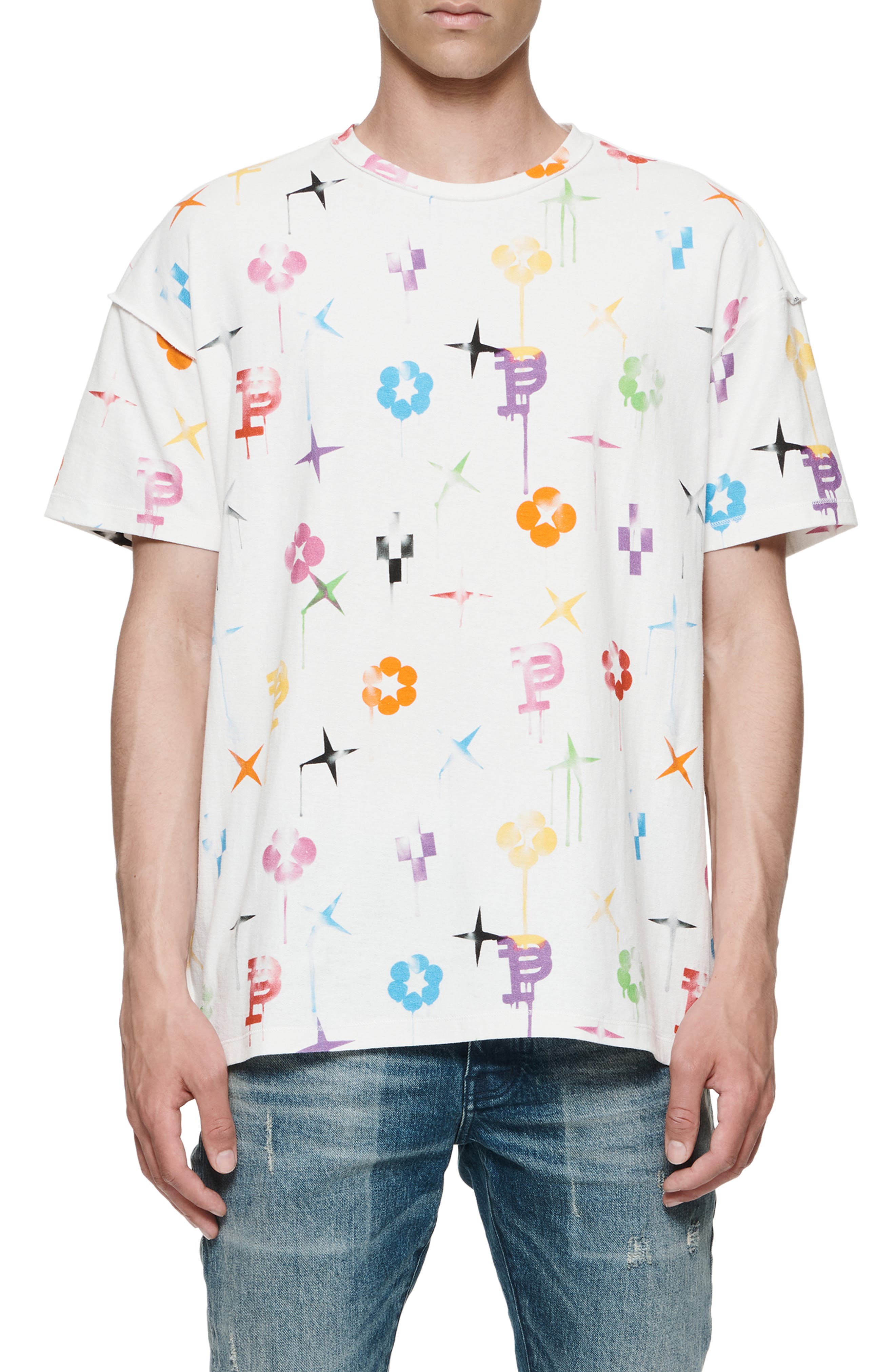 men's white and purple graphic tee