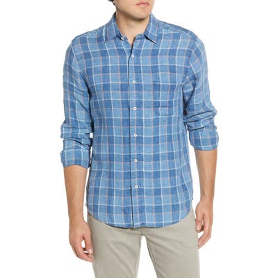 Faherty Regular Fit Box Check Linen Button-Up Sport Shirt, Blue