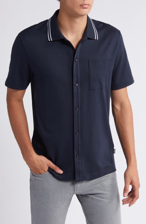 Shop Hugo Boss Boss Powell Tipped Short Sleeve Knit Button-up Shirt In Dark Blue