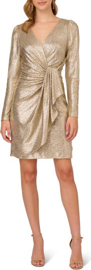 Adrianna Papell Metallic Foil Long Sleeve Knit Faux Wrap Dress | Nordstrom