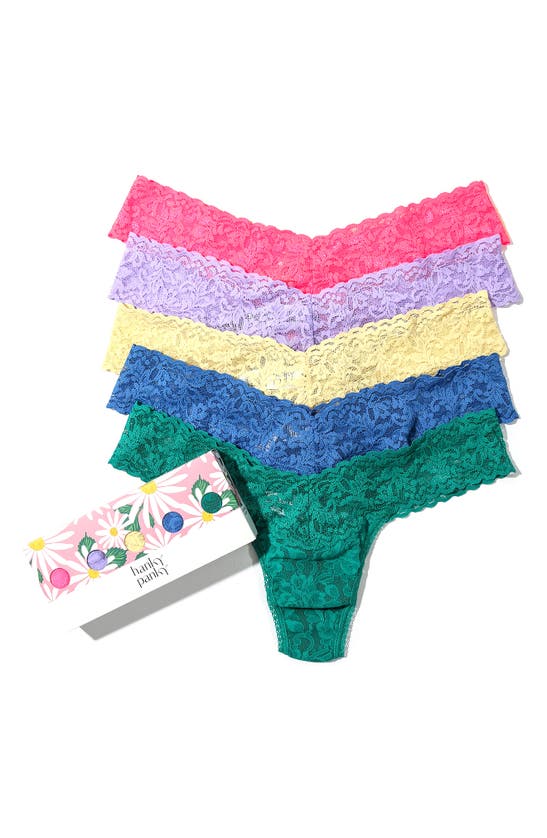 Hanky Panky Assorted 5-pack Lace Original Rise Thongs In Sizzle Pink/hyacinth/buttercup